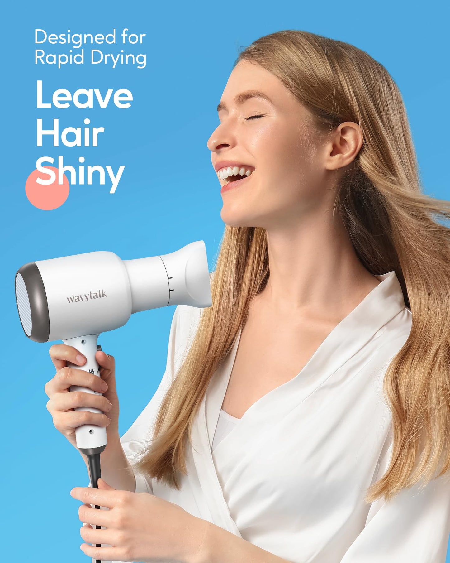 Wavytalk Hair Dryer with Diffuser and Concentrator Professional 1875 Watt Negative Ions Dryer Fast Drying Light and Quiet with Ceramic Technology Nozzle for Women Curly Hair, Matte White