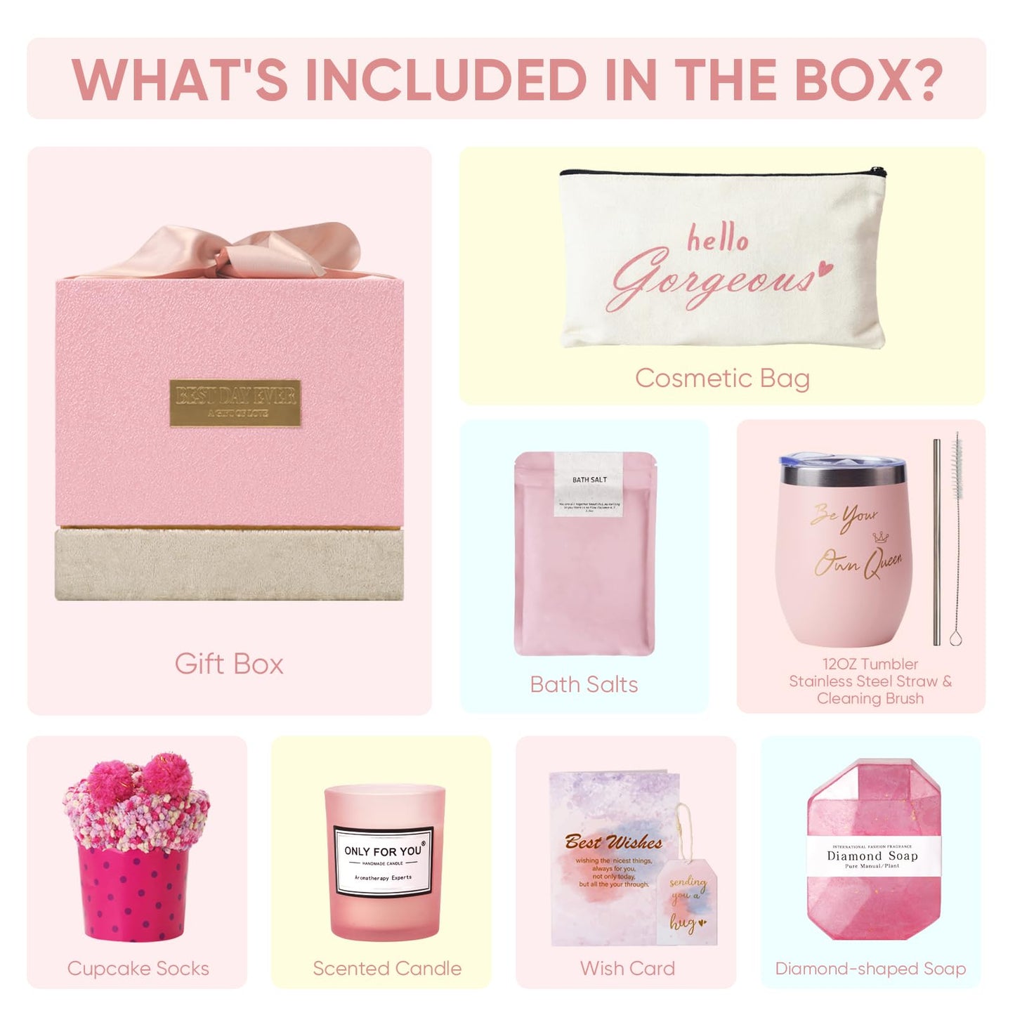 Homemory Gifts for Women, Birthday Bath Set Gift Basket Body Self Care, Spa Valentine's Day Ideas Mom Friend Sister Bestie Her Wife Female Coworkers Daughter 30th 50th 60th with Greeting Card (Pink)