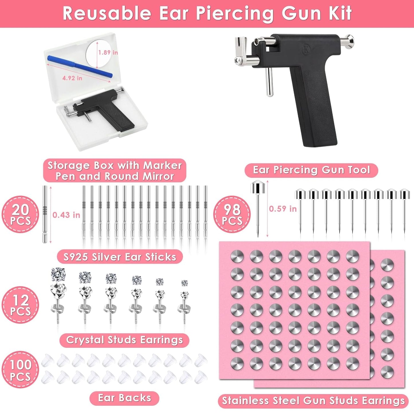 Professional Ear Piercing Gun Kit, Reusable Piercing Gun with Stainless Steel Piercing Earrings Studs, Crystal Earrings for At Home Salon Earlobe Cartilage Helix Tragus Piercing Tool Kit