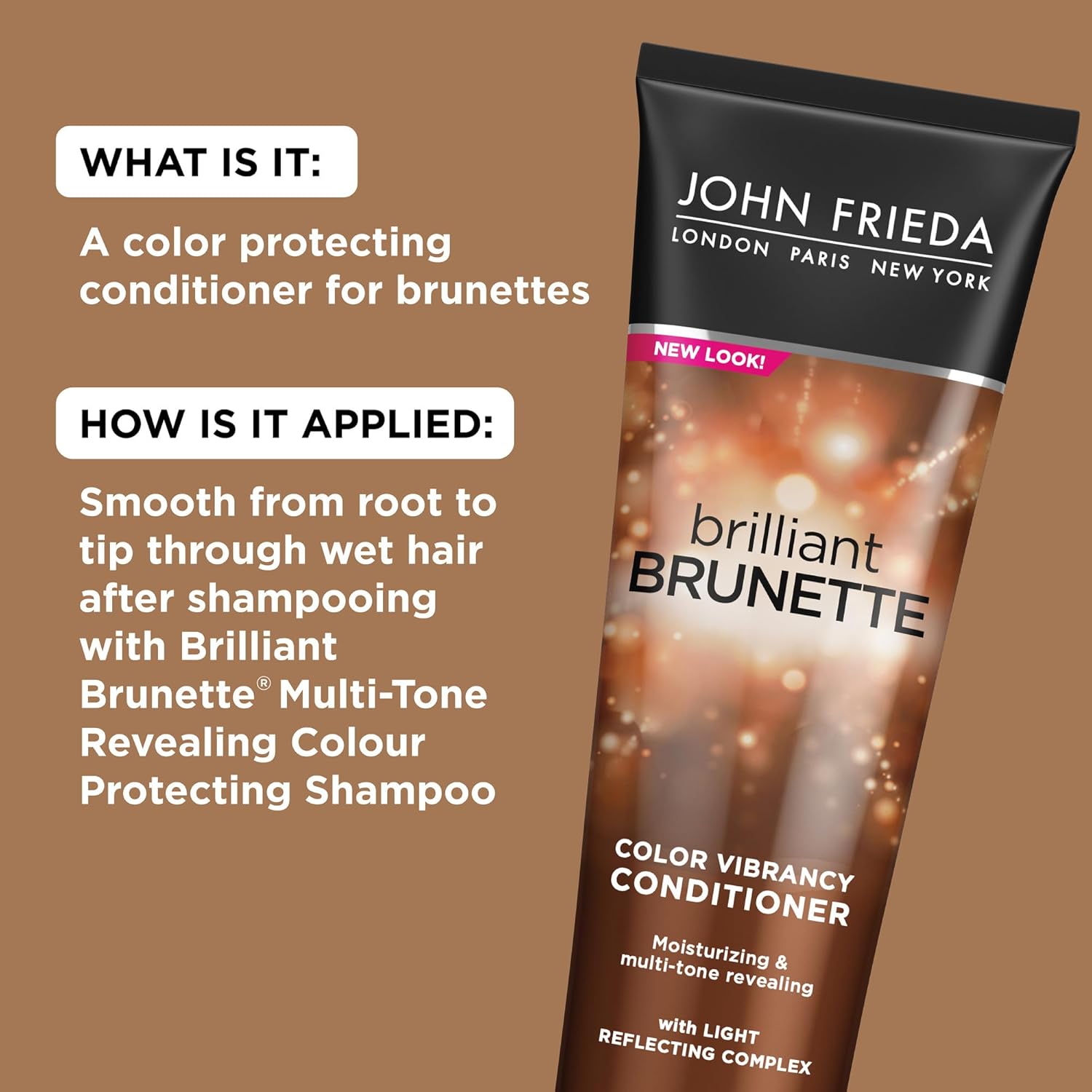 John Frieda Brilliant Brunette, Color Boosting Conditioner, Enhances and Protects Multi-Dimensional Tones, With Sweet Almond Oil to Rehydrate and Replenish Dry Hair, 8.45 Oz