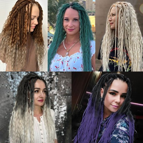Lounoke 24 Inch Double Ended Dreadlock Extensions Sets, 20 Strands 3 In 1 Mixed Synthetic Dreads Extensions, Gray to White Straight&Curly&Boho Handmade Dreads Hippie Style Dreadlocks for Woman