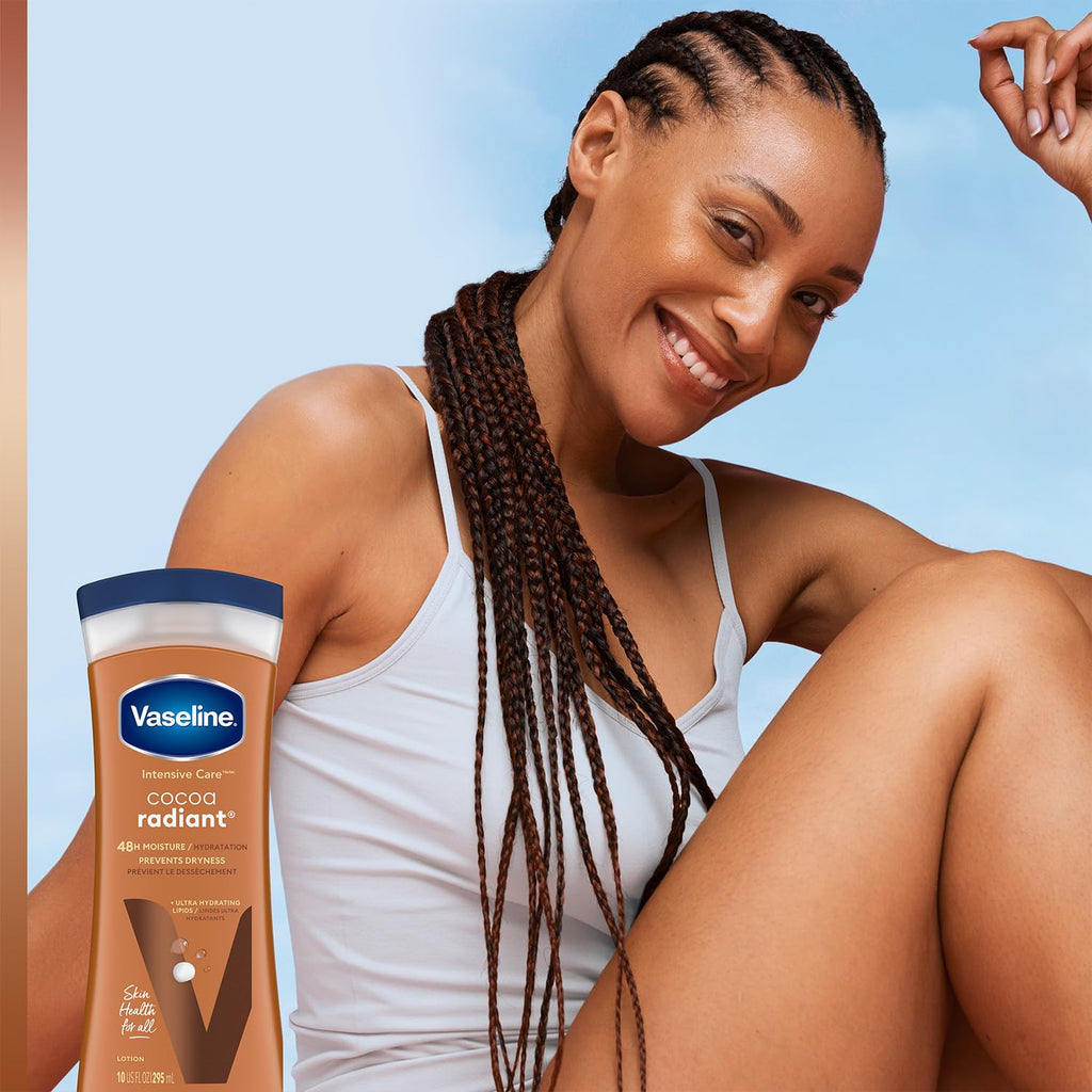 Vaseline Intensive Care Cocoa Radiant – Hand & Body Moisturizer with Cocoa Butter, Shea & Petroleum Jelly, Healing Lotion for Extremely Dry Skin, 10 Oz
