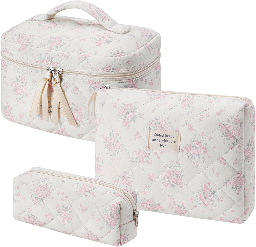 uekeboag Large Travel Quilted Makeup Bag for Women, Floral Cotton Cosmetic Bag, Coquette Aesthetic Floral Toiletry Organizer Bag