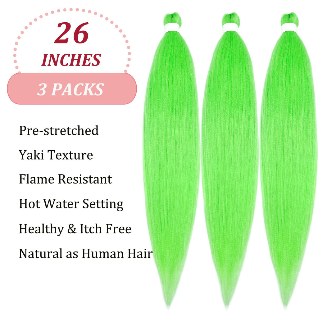 UPruyo Neon Lime Green Braiding Hair Pre Stretched Prestressed Braiding Hair Weave Color Braiding Hair Extensions for Braids Synthetic Hair for Braiding (26 In 3 Packs)
