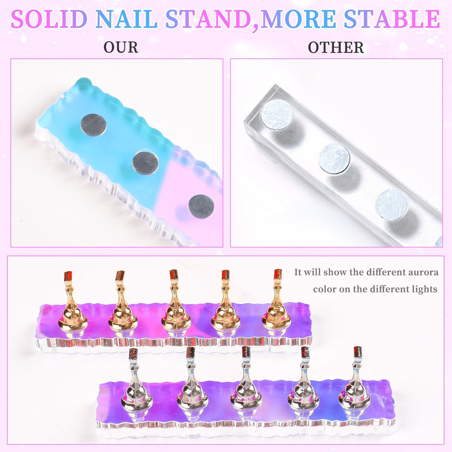 ANGNYA 2 Set Nail Stand ,Aurora Nail Holder for Painting Nail Stand for Press on with 96 Pcs Reusable Sticky Putty Nail Display Stand Nail Hand Practice Magnetic Nail Art Tools for Homes and Salons