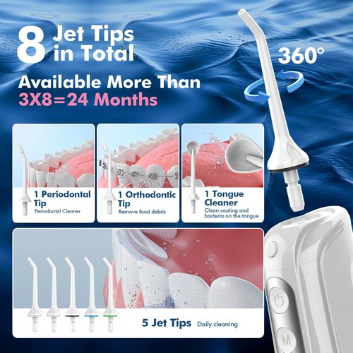 Cordless Water Dental Flosser for Teeth, with 8 Jet Tips, 300ML Tank Oral Irrigator Portable with 4 Modes IPX7 Waterproof Rechargeable Water Floss for Home Travel, Adults Teeth Cleaning (White)