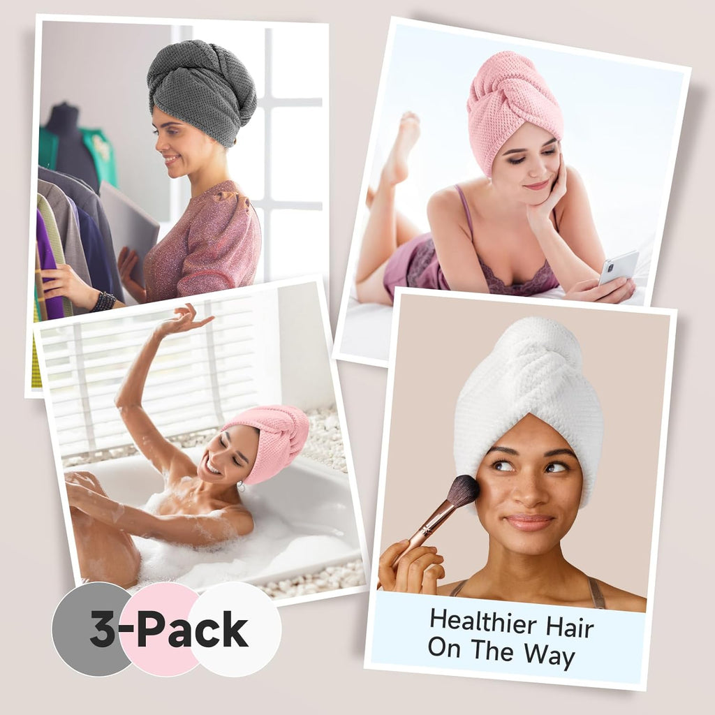 Umisleep 3 Pack Microfiber Hair Towel Wrap for Curly Hair, Super Absorbent Hair Drying Towel for Women, Kids, Hair Care Accessories, Hair Turban for Wet Hair (Grey, Camel, Brown)