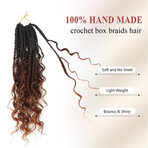 Boho Box Braids Crochet Hair 8 Packs Boho Crochet Braids Pre Looped 1B/33/30 Goddess Box Braids Crochet Hair for Black Women 14 Inch Boho Braids Crochet Hair Extension