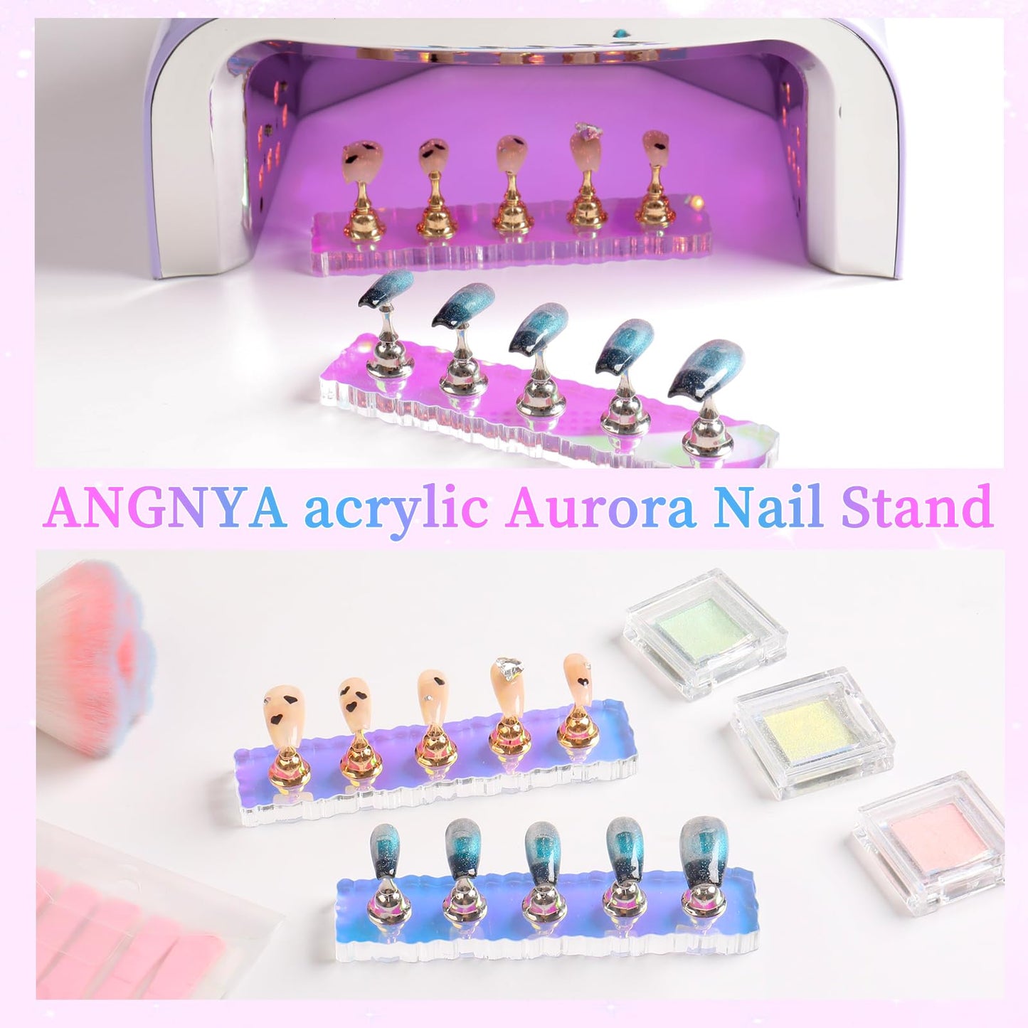 ANGNYA 2 Set Nail Stand ,Aurora Nail Holder for Painting Nail Stand for Press on with 96 Pcs Reusable Sticky Putty Nail Display Stand Nail Hand Practice Magnetic Nail Art Tools for Homes and Salons