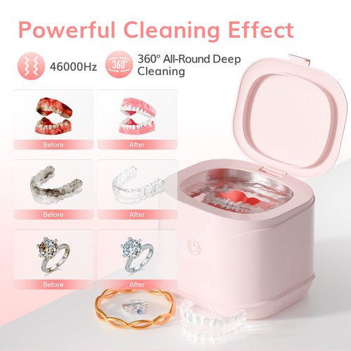 Sonic Denture Cleaner, 46kHz Professional Retainer Cleaner ROLWAY Jewelry Cleaner Machine, 220ml Sonic Cleaner Machine for Jewelry, Braces, Mouth Guard, Watch (Pink)