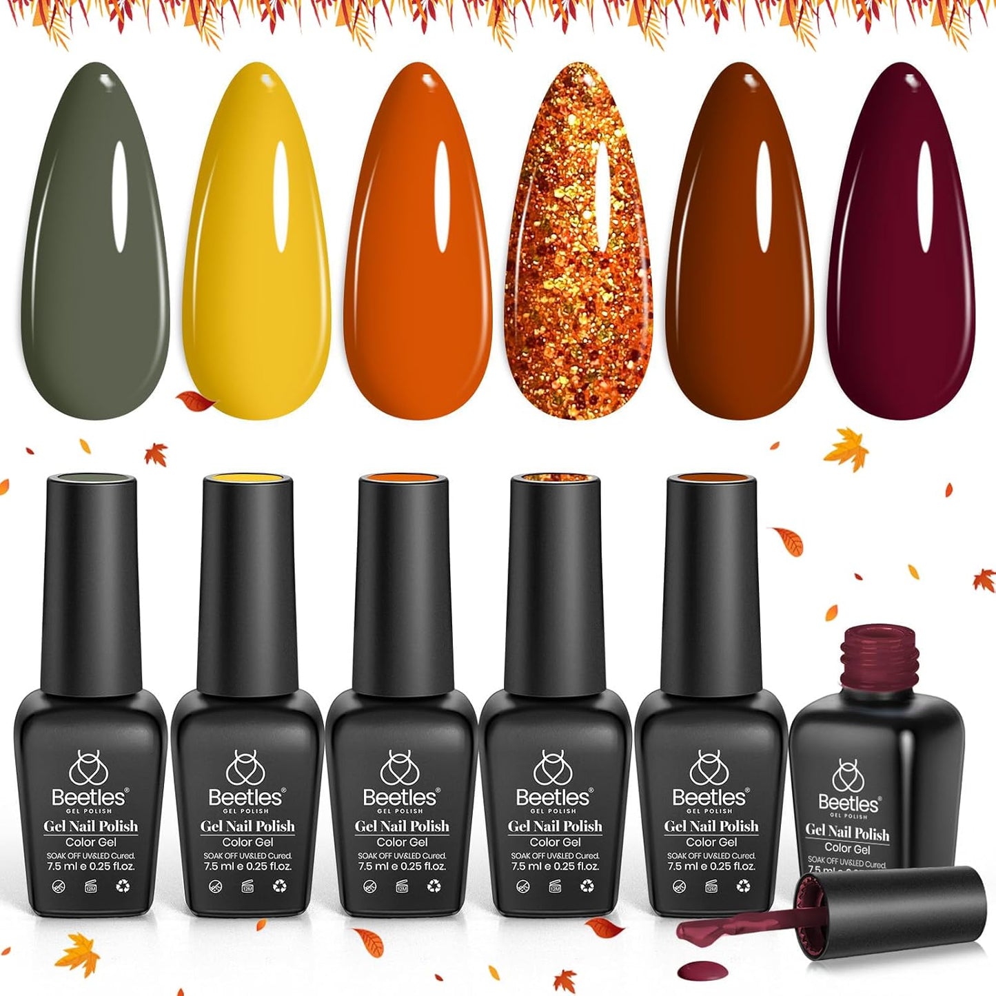 Beetles 6-Pack Fall Gel Nail Polish Set - Brown, Green, Yellow, Burgundy & Glitter - Soak Off UV/LED Manicure Gift for Women