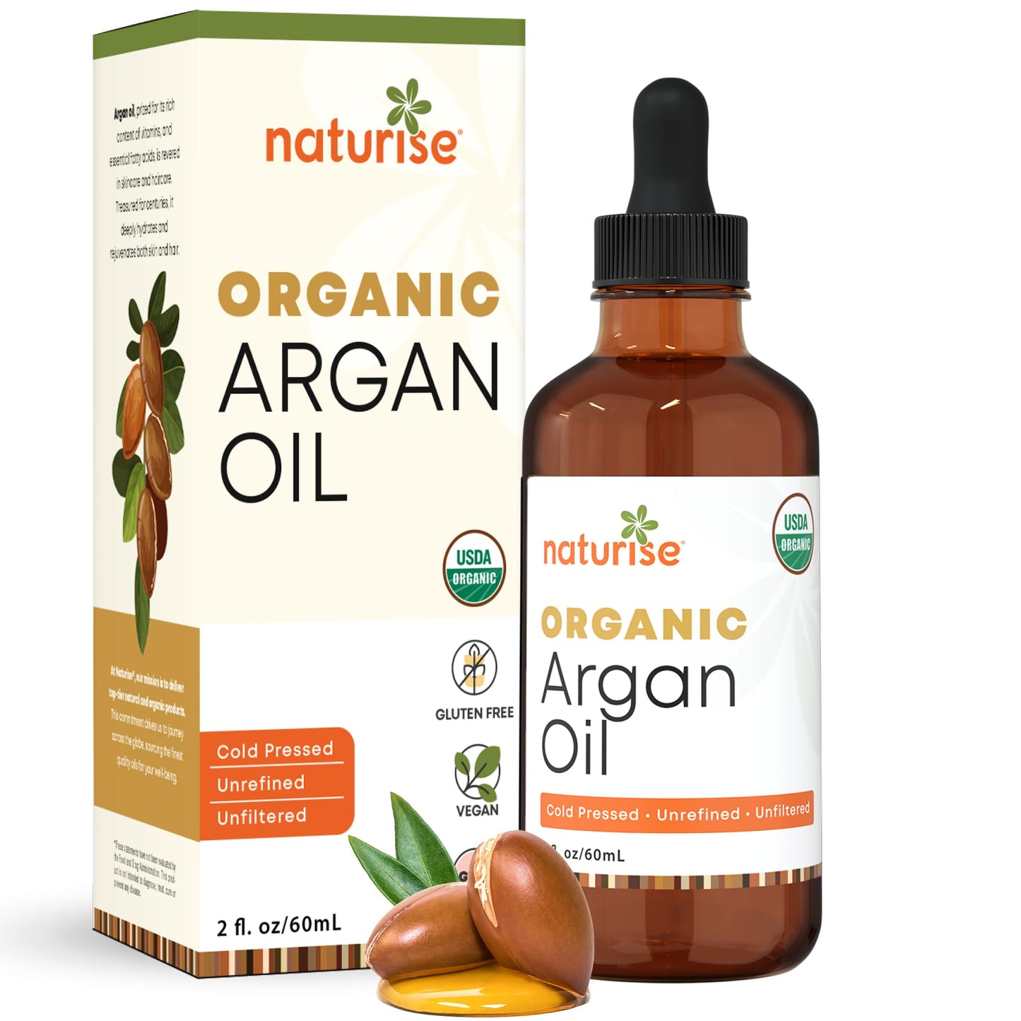 Naturise Organic Argan Oil - Organic Argan Oil Cold Pressed Argan Oil of Morocco - Vegan Non-GMO Gluten Free Argan Oil for Hair Growth and Skin Moisture - 100% Pure Moroccan Oil Hair Oil (2 FL. OZ.)