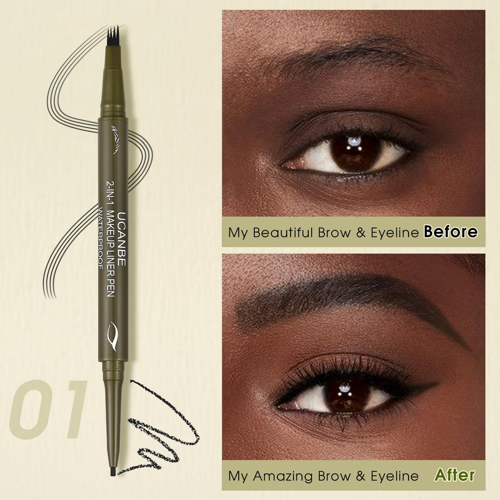 UCANBE Eyebrow Pen, Dual-Ended Eyebrow Pencil with 4-Fork-Tip & Gel Eyeliner for Women, Eye Brow Pen with Gel Eyeliner Pencil, Microblading Eyebrow Pencils with Hair Like Strokes, Soft Black