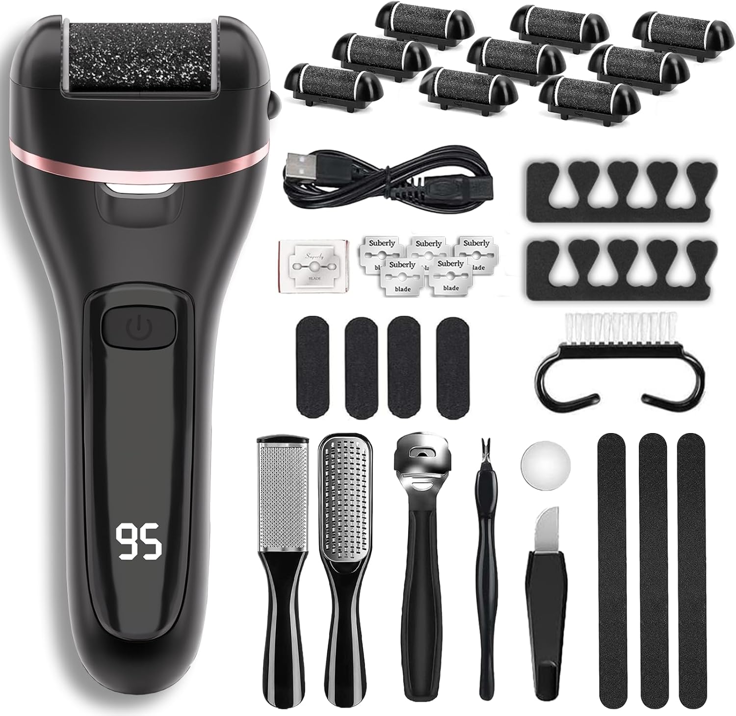 Electric Callus Remover for Feet with 3 Roller Heads 2 Speed Rechargeable Waterproof Professional Pedicure Kit 17 in 1 Foot File Tools Perfect for Dead Hard Cracked Dry Skin