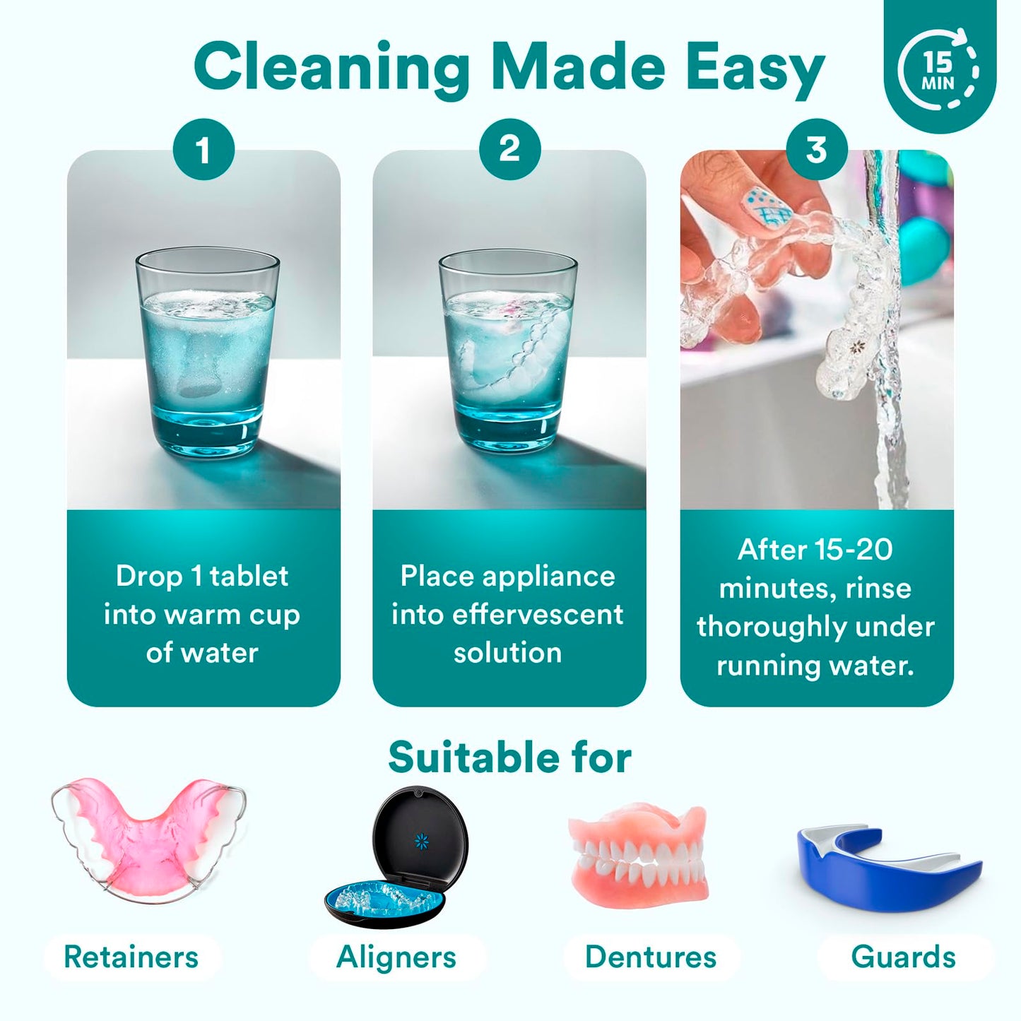 Retainer Cleaner Tablets, Invisalign Cleaner, Remove Stains, Odors & Plaque, Night Guard Cleaner, FSA & HSA Eligible, 4-Month Supply of PERSULFATE-Free Denture Cleaner, 120 Tablets, Mint-Scented