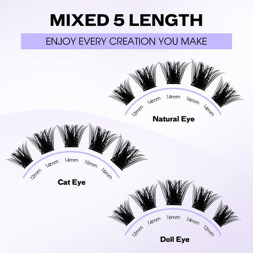 Lash Clusters Individual Lashes C/D Curl Cluster Lash Wide-stem Eyelashes Cluster 12-16mm Thin Band Cluster Lashes Soft Wispy Clusters Comfortable Lash Clusters (Natural/Volume+-0.07D, 12-16mm Mixed)