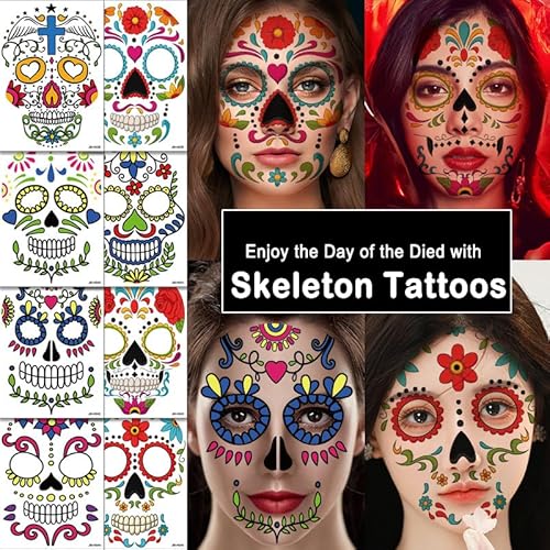 9-Pack Day of the Died Skeleton Face Temporary Tattoo Stickers ? Perfect for Halloween, D?a de los Muertos, and Cosplay for Adults and Kids