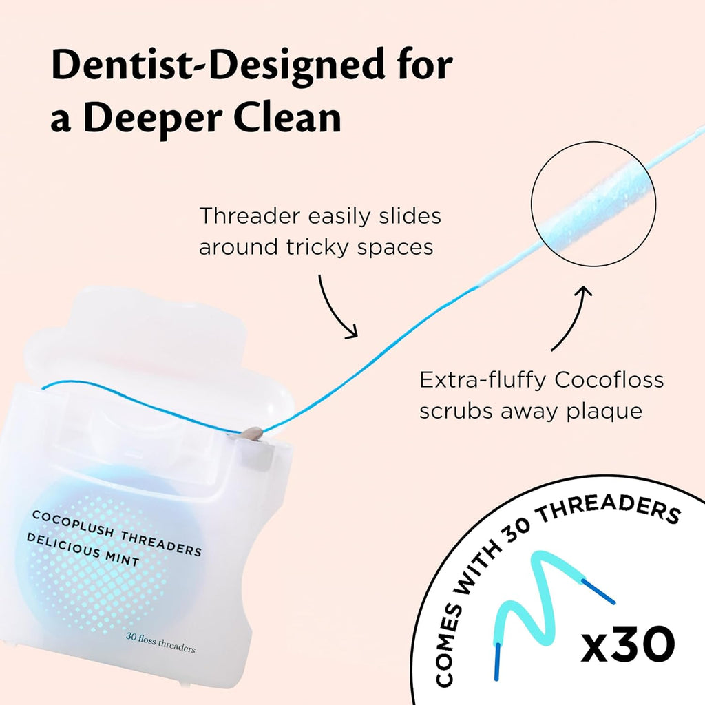 Cocofloss CocoPlush Threaders, Dental Floss for Implants, Bridges, and Braces, Mint, Waxed, Dentist-Designed Oral Care with Coconut Oil, 30 Per Pack