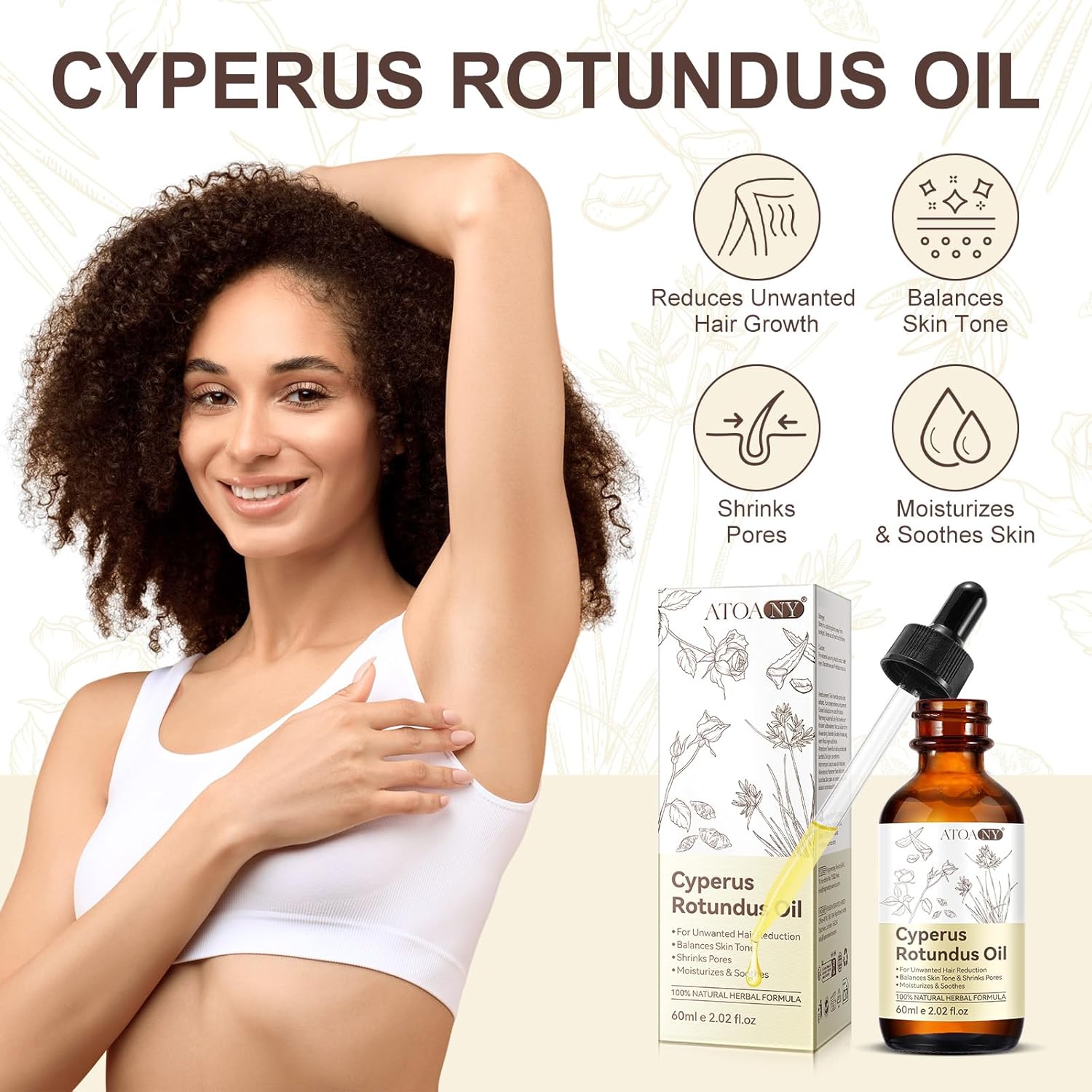 Cyperus Rotundus Oil, Natural Cyperus Rotundus Oil for Unwanted Hair Removal, Reducing Body Hair Growth,Balances Skin Tone, Moisturizes & Soothes, Suitable for All Skin Types (2.02 fl.oz)