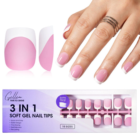 Gellen French Soft Gel Nail Tips - 150 pcs Pink French Tip Press on Nails Short Square, 3 in 1 Pre-french Gel Nail Tips 15 Sizes Fake Nails, No Need to File Full Cover Tips for Nails Art