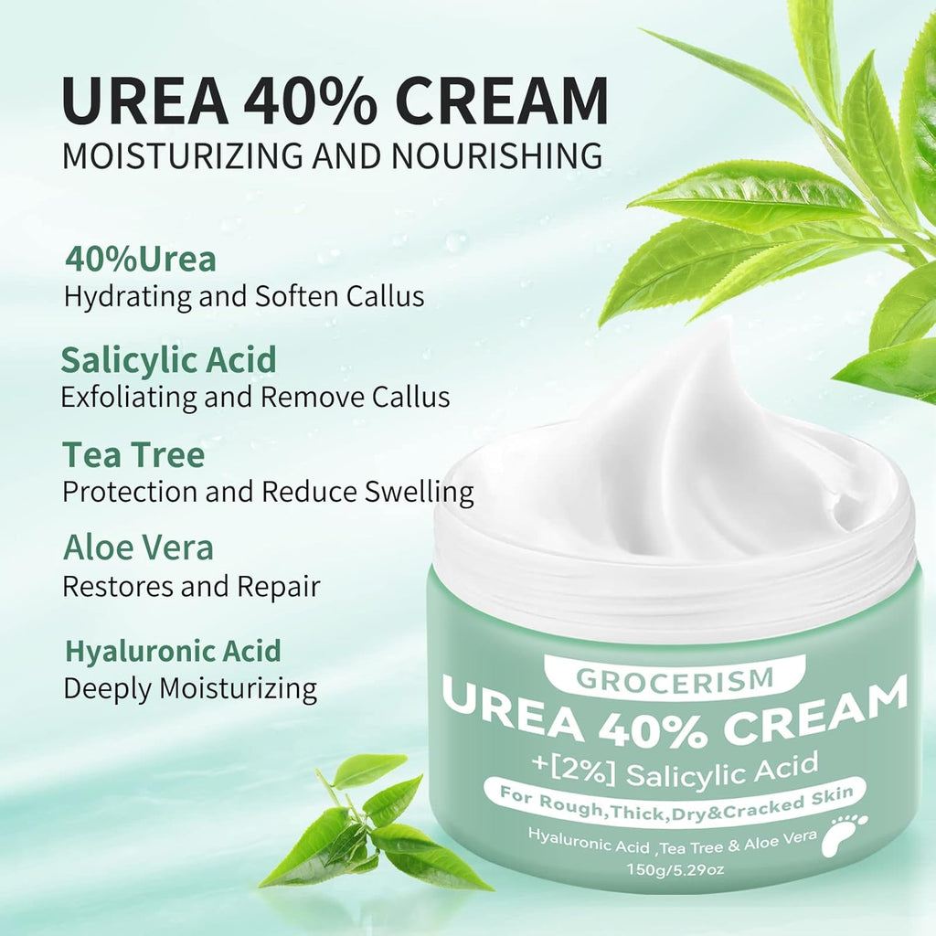 Urea Cream 40 Percent For Feet Plus 2% Salicylic Acid 5.29 oz || Foot Cream and Hand Cream Maximum Strength with Hyaluronic Acid,Tea Tree,and Aloe Vera For Deep Moisturizes,Callus Remover