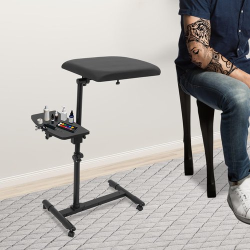 Advanced Tattoo Armrest Holder, Arm Rest Stand With Workbench With 4 Wheels (All With Brakes), Adjustable Height & Angle Arm Rest Stand For Beauty Salons, Studios, Dental Clinics, Tattoo Shops Etc