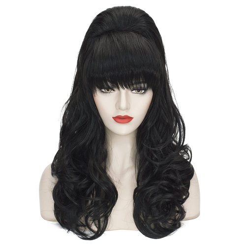 Beehive Wig Black Women Vintage Long Curly Bouffant Updo Victorian Fembot Wig 60s 50s Costume Married Housewife Heat Resistant Synthetic Hair Wigs for Halloween Party + Wig Cap