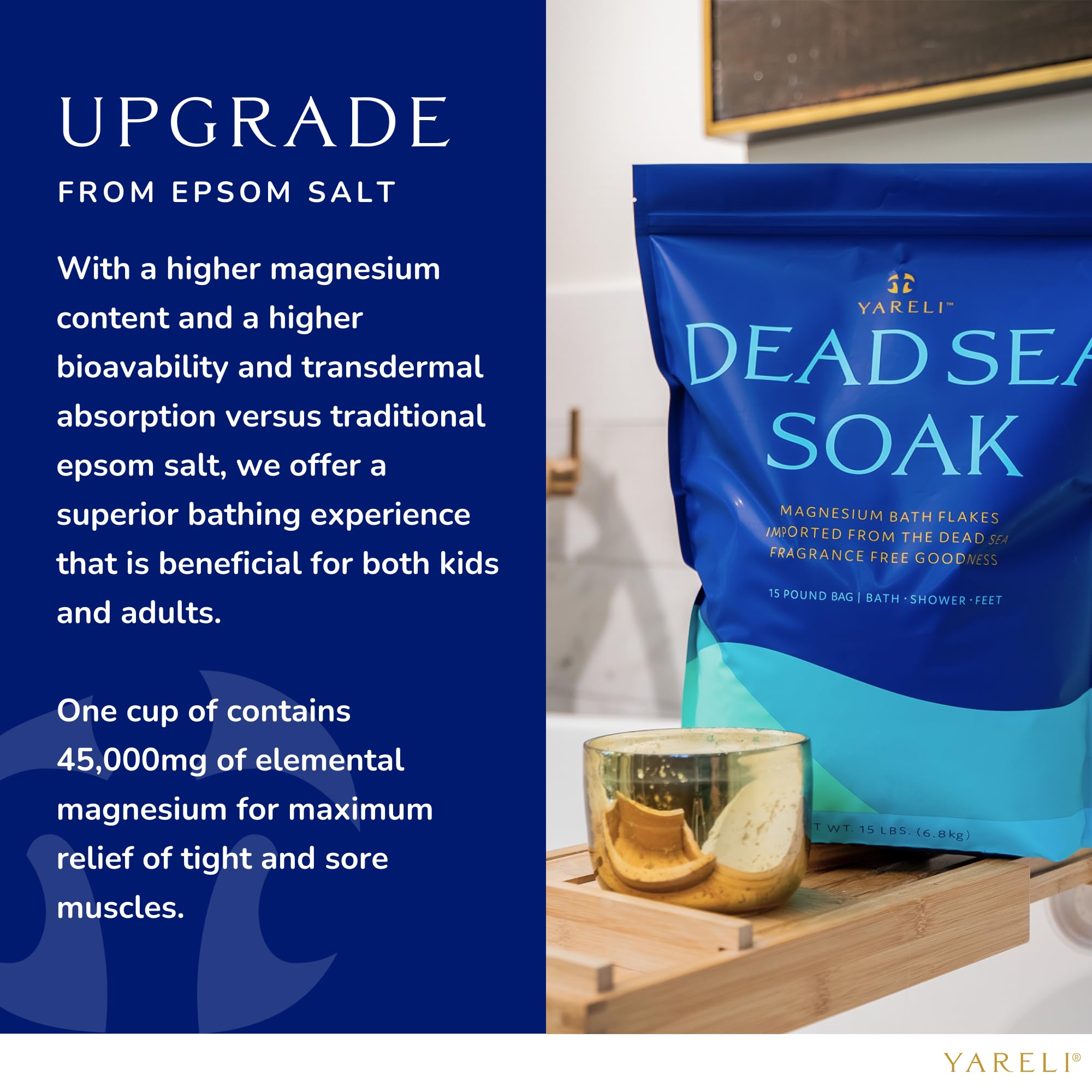 Yareli Magnesium Flakes, 15lb, Dead Sea Bath & Foot Soak, Alternative to Epsom Salt with Over 800,000mg of Elemental Magnesium Per Bag