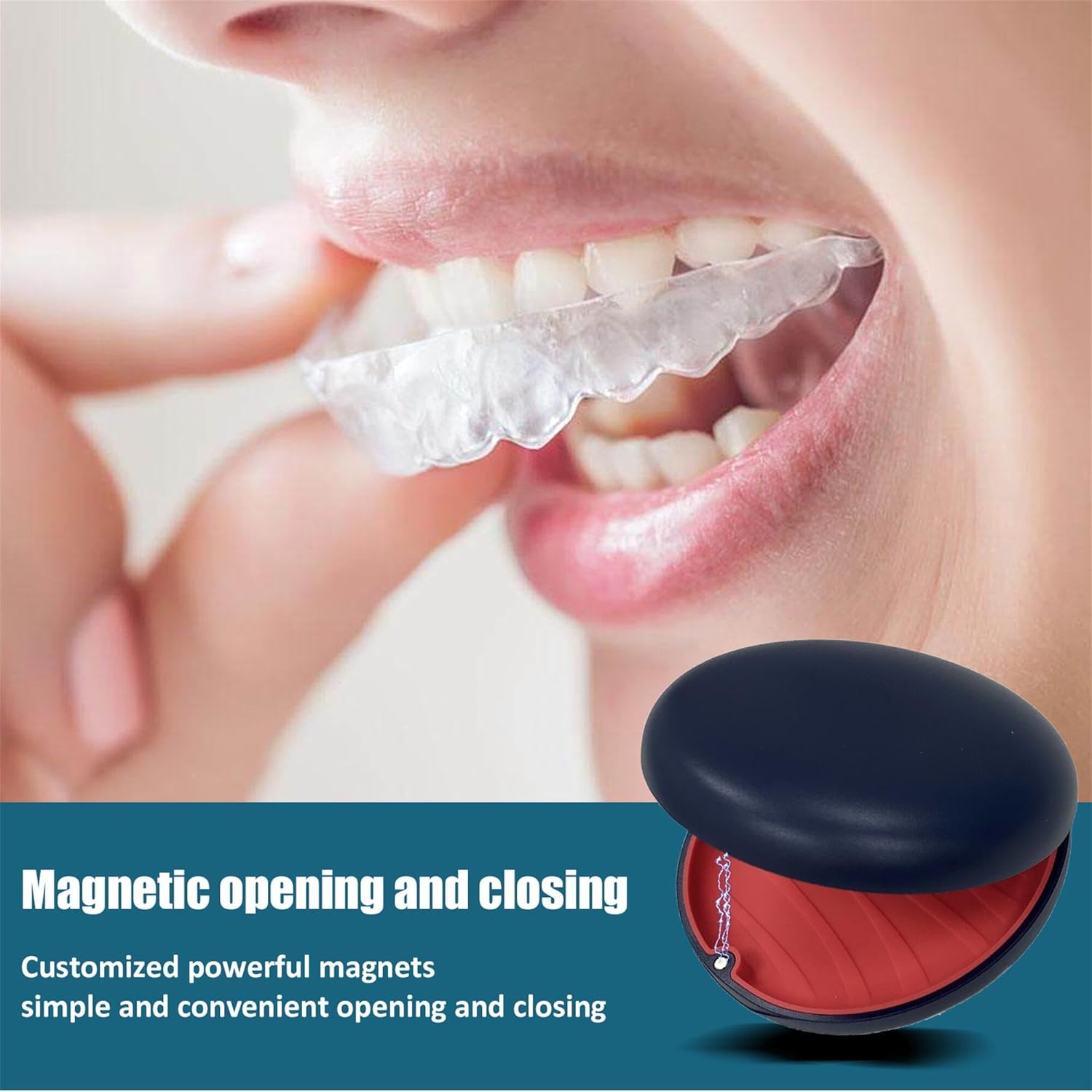 Retainer Case,Cute Slim Aligner Case Compatible with Invisalign,Customized Magnetic Closure Orthodontic Retainer Case (2 Pack Black + Blue Silicone)
