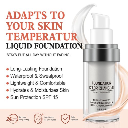 2PCS Flawless Colour Changing Warm Skin Tone Foundation, Naturally Blends Moisturizing foundation makeup, Long Lasting Waterproof Lightweight Liquid Foundation SPF 15 for Face Makeup