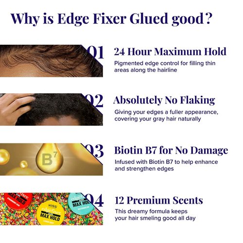 KISS COLORS & CARE Maximum Hold Edge Fixer, Non-Greasy Gel Formula Infused With Biotin B7, 24 Hour Hold, ‘Sweet Peach’ Scented, 3.38 Fl. Oz. (100 ml)
