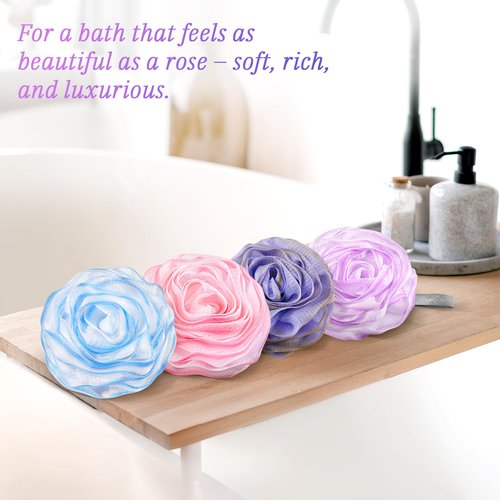 LAYUKI Bath Shower Sponge, Bath Loofah Sponge, Body Wash Sponge, Rose-Shaped Loofah Sponge, Exfoliating Bath Sponge, Body Scrubber (Set of 4 Pieces)