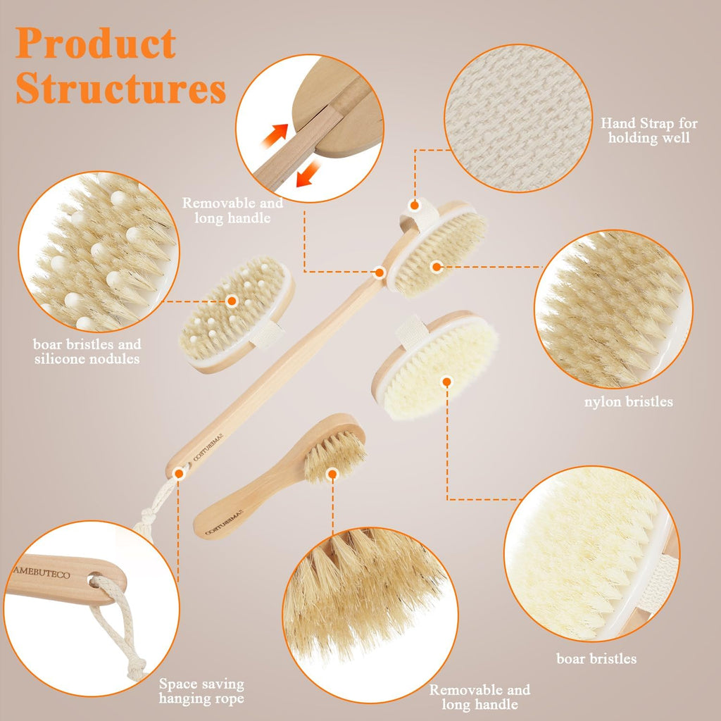 Natural Dry Brushing Set - 5 Packs with Wood Long Handle & 3 Detachable Heads for Lymphatic Drainage & Cellulite Exfoliation