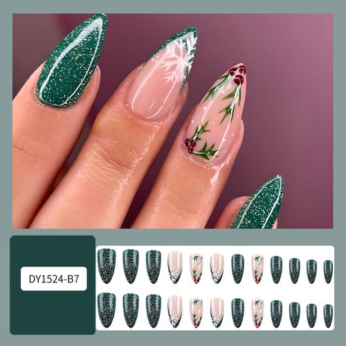 Christmas Press on Nails Medium Almond False Nails Green Fake Nails with Xmas Holly Leaves Design Glitter Glue on Nails Snowflake Acrylic Nails French Tip Stick on Nails for Women 24Pcs