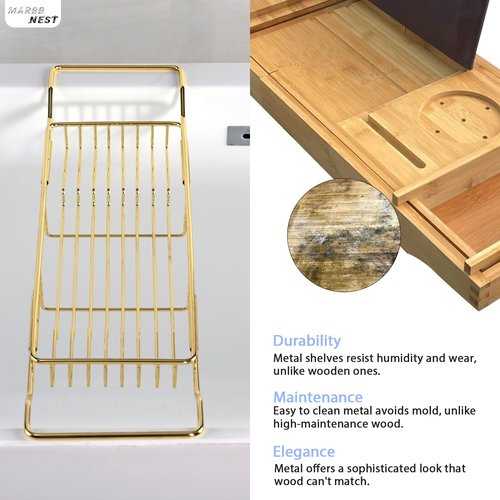 MARBBNEST Bathtub Tray Caddy for Luxury Bath Expandable Extra Wide Bath Tub Tray with Natural Marble Tray and Mobile/Tablet Stand, Ideal for Home Spa Lovers(Gold + Jazz White)