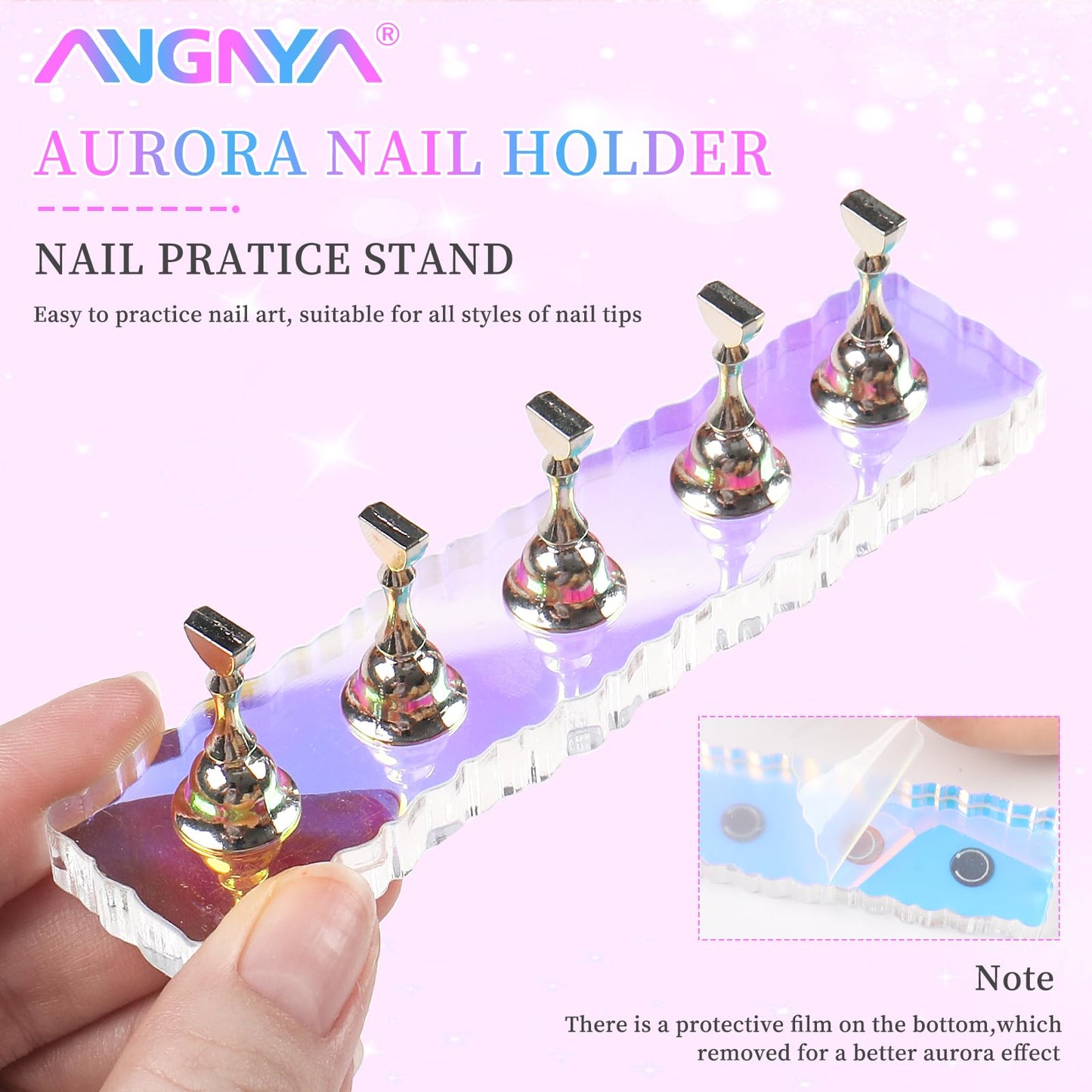 ANGNYA 2 Set Nail Stand ,Aurora Nail Holder for Painting Nail Stand for Press on with 96 Pcs Reusable Sticky Putty Nail Display Stand Nail Hand Practice Magnetic Nail Art Tools for Homes and Salons