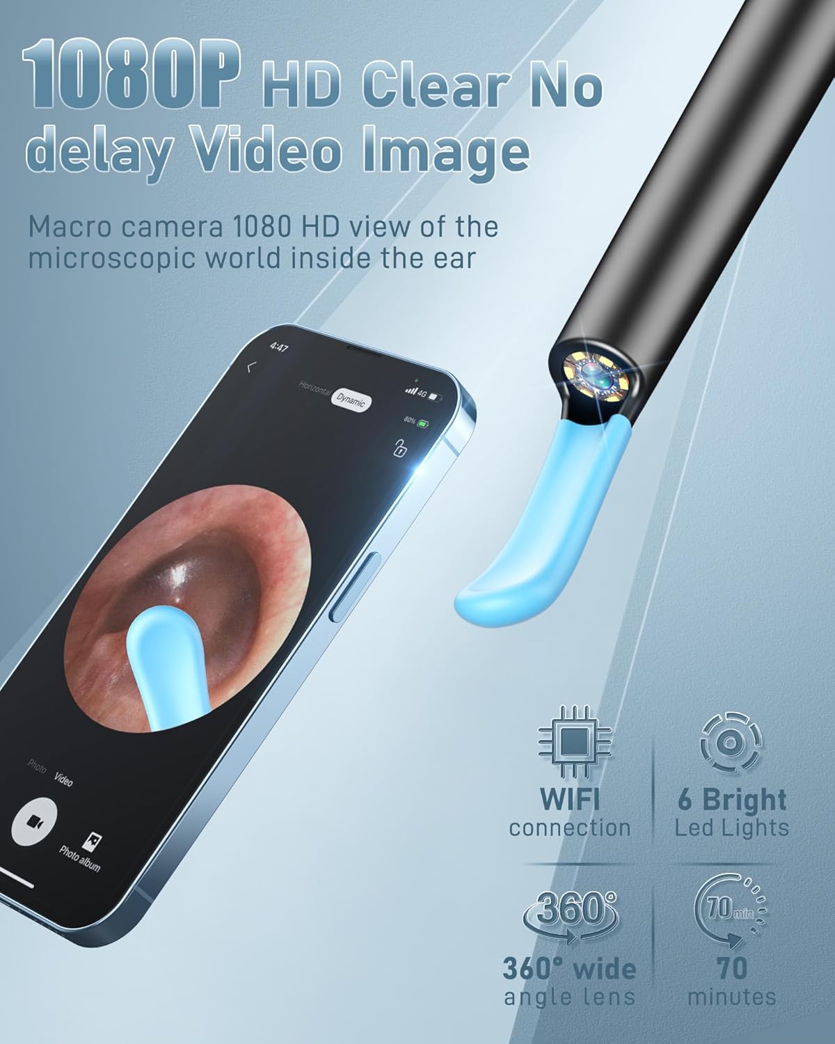 Ear Wax Removal Tool Camera - Ear Cleaner with Camera,1080P Otoscope, Ear Cleaning Tool with 4 Ear Spoon, Ear Camera for iPhone & Android Phones - Blue