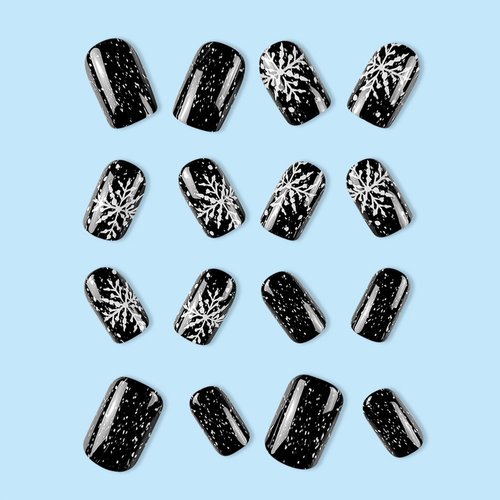 Christmas Black Press on Nails Short Square Fake Nails with White Snowflake Starry Night Designs Glossy Coffin False Nails Cute Glue on Nails Holiday Artificial Stick on Nails for Women Girls 24Pcs