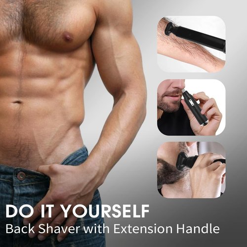 ETbyto Back Shavers for Men Long Handle，Multifunctional Self-Service Electric Back Hair Razor with Adjustable Handle，Men's Back Shaver wiht Nose Hair Trimmer Set and 2 Shock Absorber Flex Heads，Black