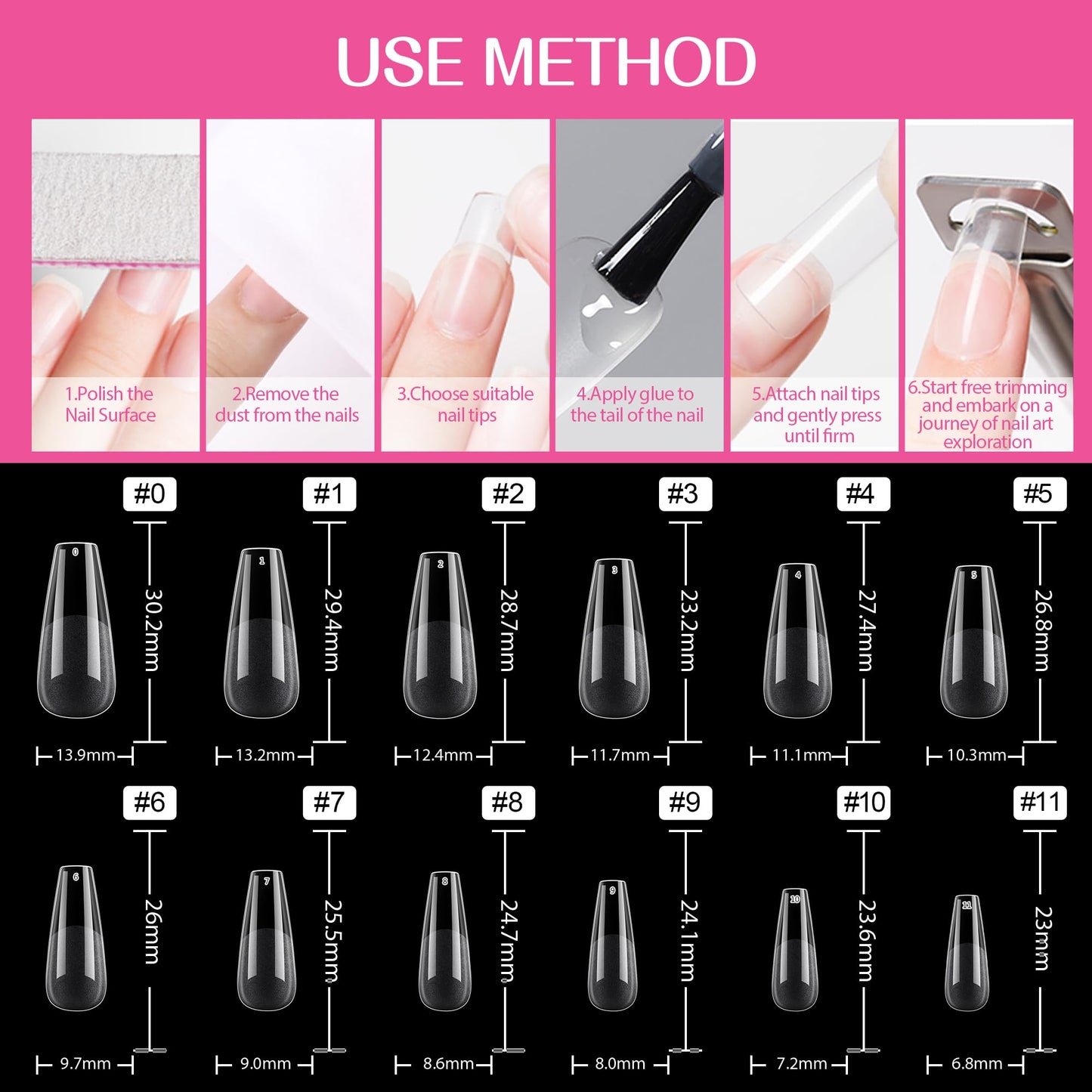 UNA GELLA Long Coffin Fake Nails Long 504pcs Pre-Shape Coffin Gel Nail Tips Coffin Nails Tips Clear Long Coffin Tips Coffin Press On Nails Full Cover Coffin Nails Tips Home DIY 12 Sizes Gelly Tips