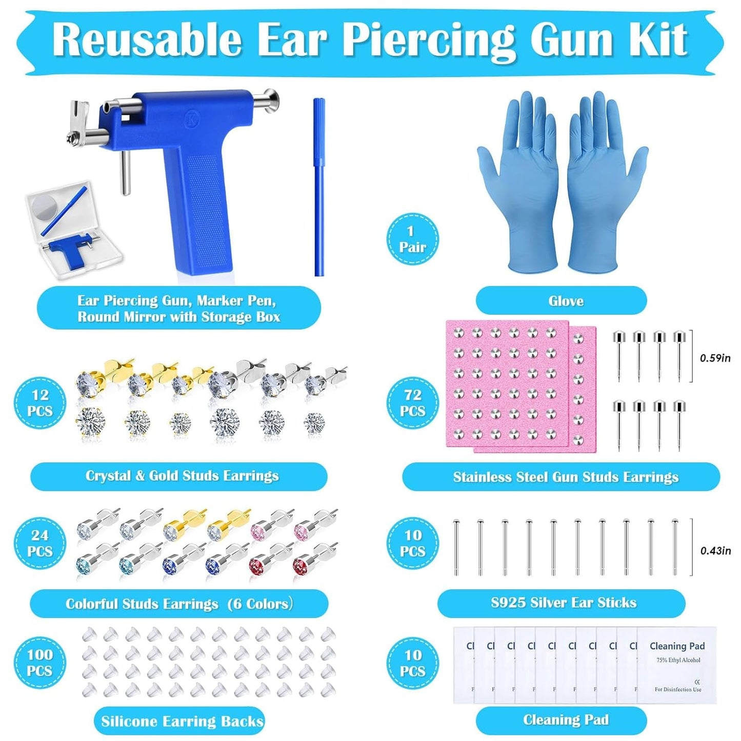 Professional Ear Piercing Gun Kit, Reusable Piercing Gun with Stainless Steel Piercing Earrings Studs, Crystal Earrings for At Home Salon Earlobe Cartilage Helix Tragus Piercing Tool Kit