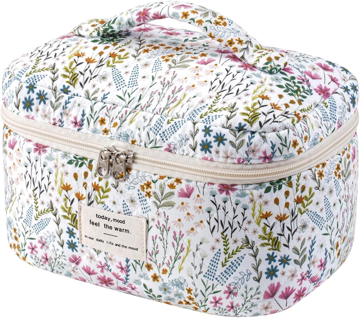 uekeboag Large Travel Quilted Makeup Bag for Women, Floral Cotton Cosmetic Bag, Coquette Aesthetic Floral Toiletry Organizer Bag