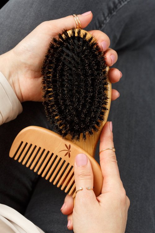 100% Boar Bristle Hair Brush for Women Set by Belula (L Size). Soft Natural Bristles for Thin and Fine Hair. Wooden Comb, Travel Bag and Spa Headband Included!