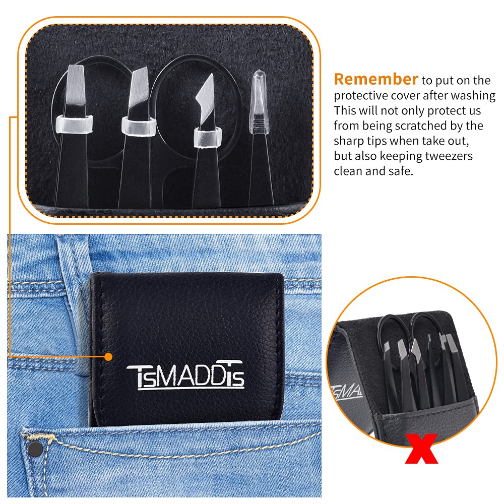 TsMADDTs Tweezers Set and Curved Scissors, Professional Stainless Steel Tweezers for Women and Men, 6 Pack Precision Tweezers For Eyebrows for Ingrown Hair, Daily Beauty Tool with Leather Travel Case