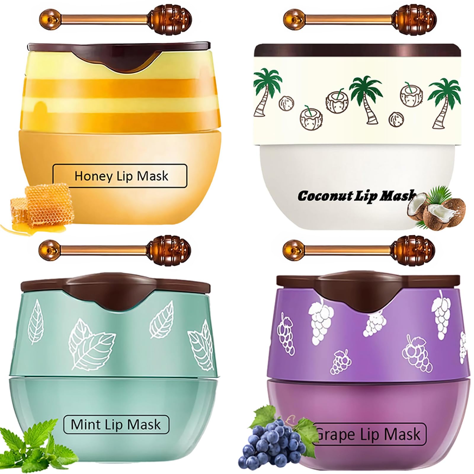 Tnoctuh 4 PCS Bee Lip Balm Lip Mask Honey Pot, Coconut Honey Mint Grape Moisturizing Sleeping Lip Mask Overnight with Sticks, Lip Balm Exfoliating Prevention Dry and Crack Lip Scrubs