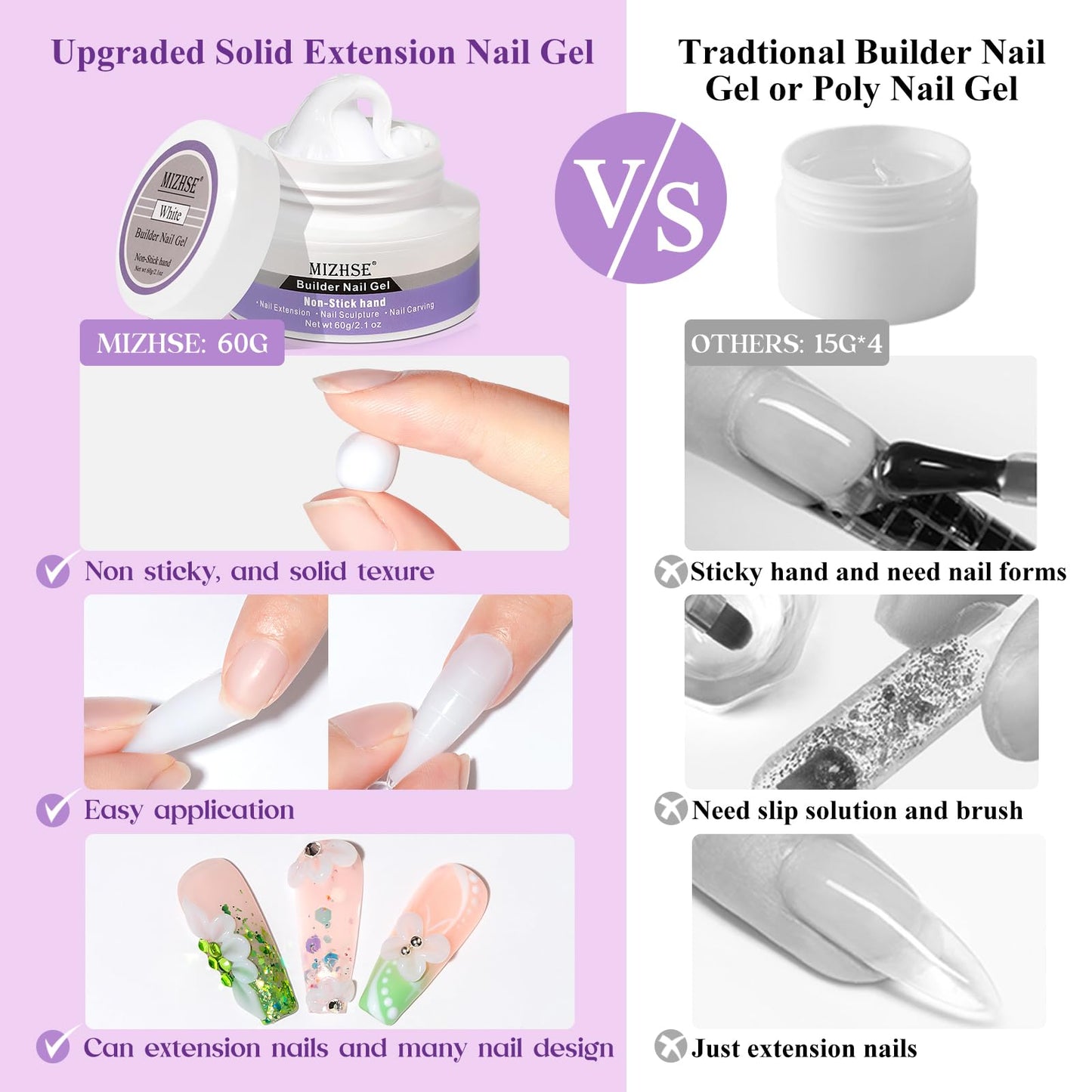 MIZHSE Solid Builder Gel for Nails, 60g White 3D Gel Nail Art Sculpture Gel Non-Sticky Carving Nail Extension Soak Off UV LED Hard Gel for Nail Salon Home DIY Manicure