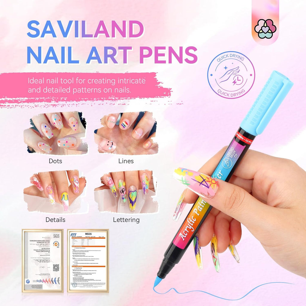 Saviland 12 Colors Nail Art Pens Set - 3D Nail Polish Pens Acrylic Paint Pens Nail Markers for Nail Art Drawing Painting Nail Point Dotting Liner Pen Manicure Tools Nail Design Kit Home Nail Salon DIY