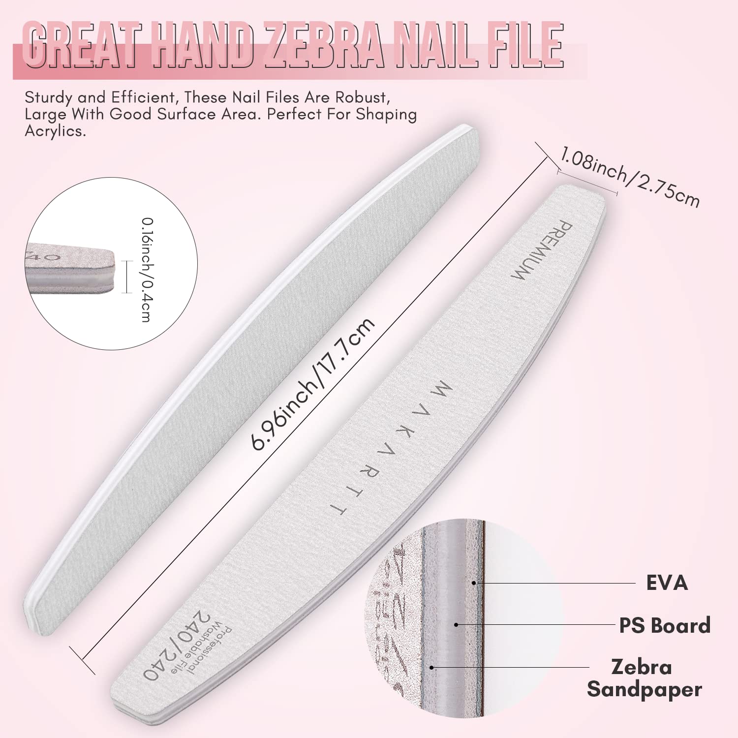 Makartt Nail File: 100/180 Grit Emery Boards for Nails, 10 Pcs Zebra Doubled Sides Coarse Fingernail Filer for Acrylic and Extension Gel Removal Manicure Kit Salon Home Use
