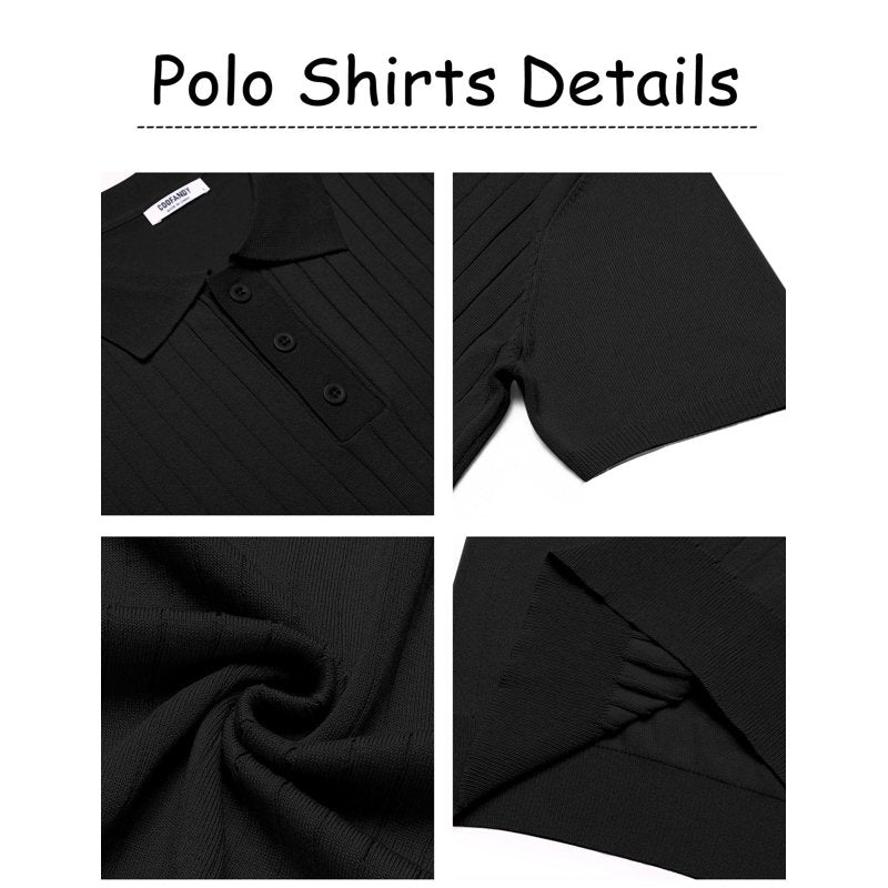 Men's Ribbed Knit Polo Shirt Short Sleeve Casual Golf Business Wear