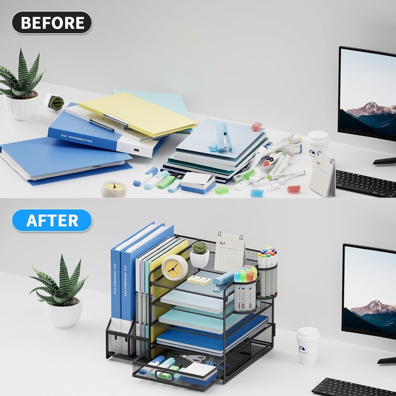 5-Tier Desktop File Organizer with Drawer and Pen Holders - Office & Home Storage